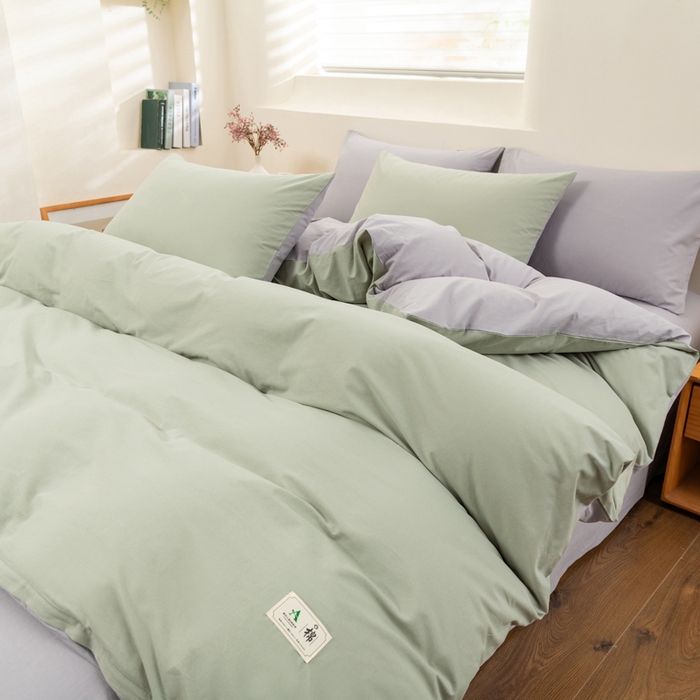 91家纺网 家纺一手货源 找家纺 居美良品 2025新款100%全棉色织水洗棉四件套 松绿-灰