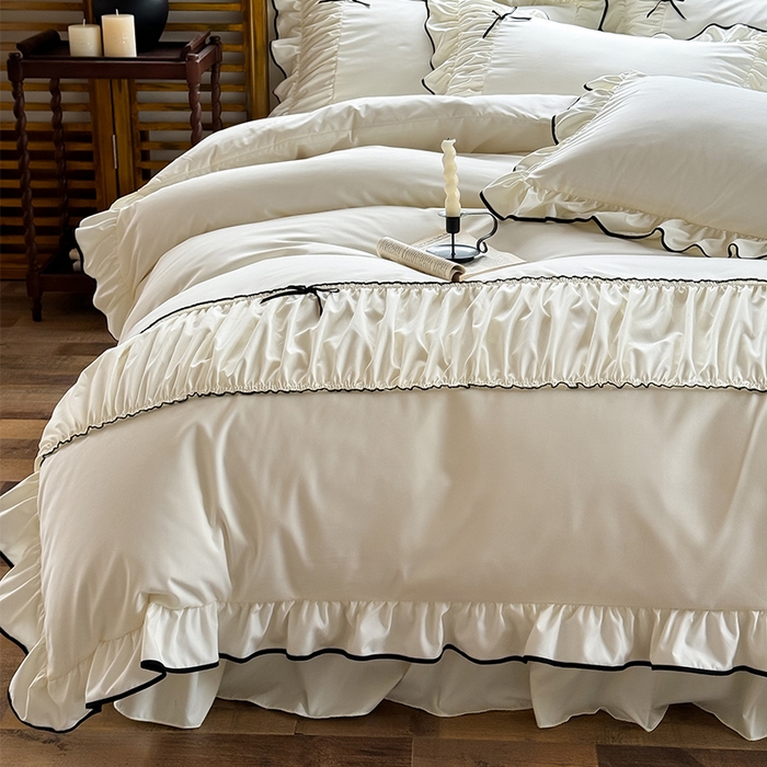 91家纺网 家纺一手货源 找家纺 2025秋冬新款A类母婴级法式风忆棉床裙床笠四件套 琉眠-华贵米