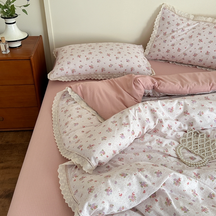 91家纺网 家纺一手货源 找家纺 一霖家纺 2025新款云感双层纱花边款四件套 浪漫花语