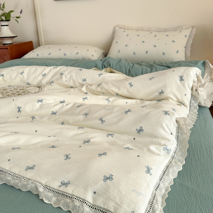 91家纺网 家纺一手货源 找家纺 一霖家纺 2025新款云感双层纱花边款四件套 蝴蝶结