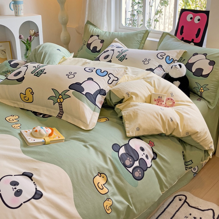 91家纺网 家纺一手货源 找家纺 依庭 2025新款全棉印花花卉款四件套单品系列-四件套 熊猫溪水