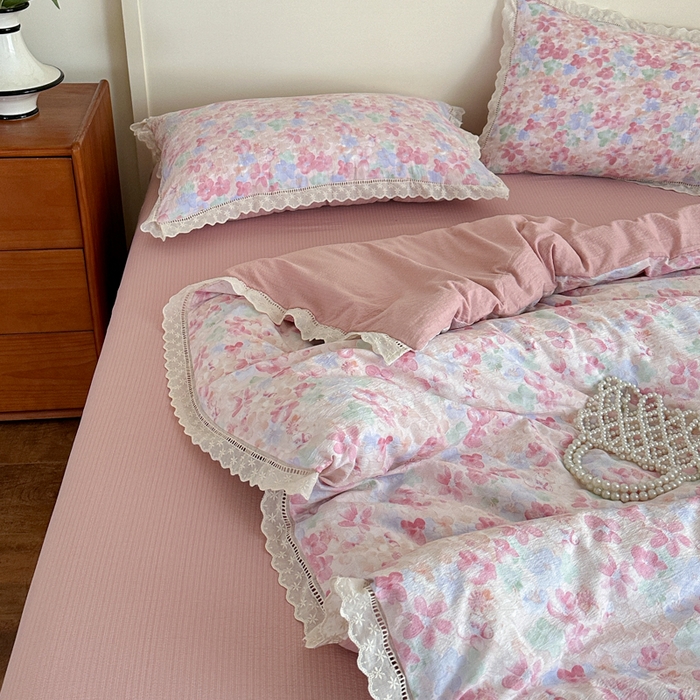 91家纺网 家纺一手货源 找家纺 一霖家纺 2025新款云感双层纱花边款四件套 十里桃花