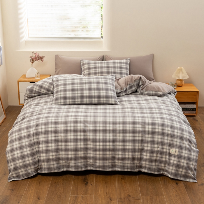 91家纺网 家纺一手货源 找家纺 居美良品 2025新款100%全棉色织水洗棉四件套 烟雨-灰