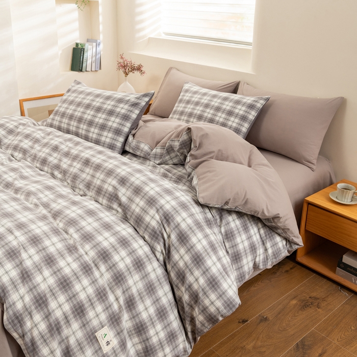 91家纺网 家纺一手货源 找家纺 居美良品 2025新款100%全棉色织水洗棉四件套 烟雨-灰