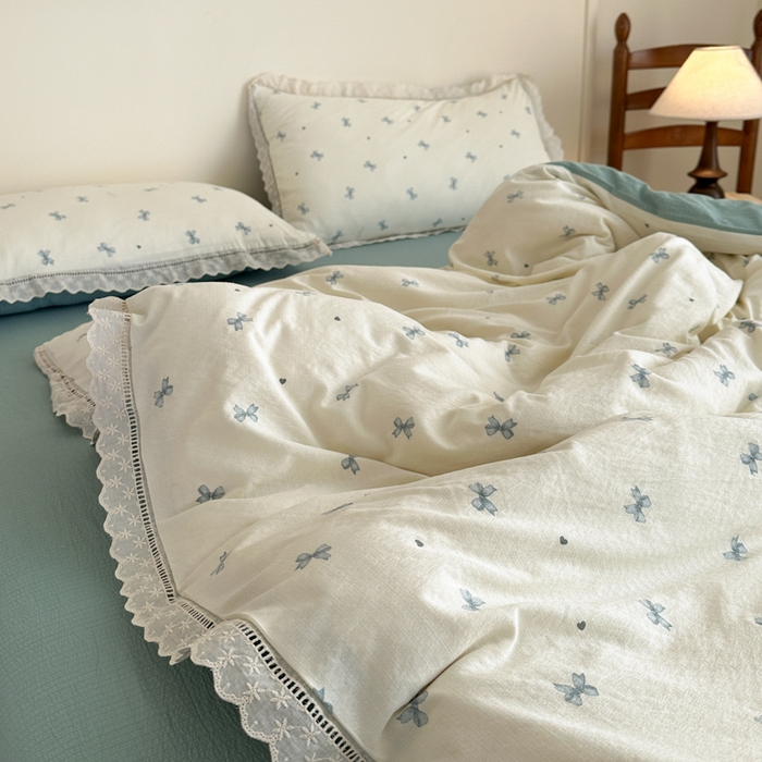 91家纺网 家纺一手货源 找家纺 一霖家纺 2025新款云感双层纱花边款四件套 蝴蝶结