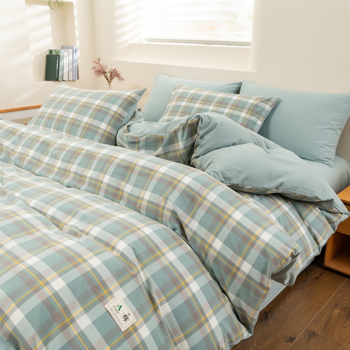 91家纺网 家纺一手货源 找家纺 居美良品 2025新款100%全棉色织水洗棉四件套 静雅-绿