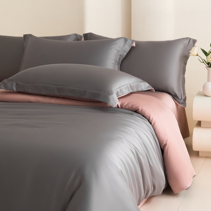 91家纺网 家纺一手货源 找家纺 禧澜庭 2025新款纯色夏季凉感天丝四件套莱赛尔纤维冰丝四件套 云灰莲粉