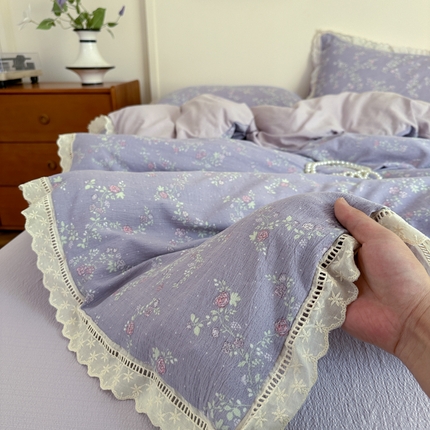 一霖家纺 2025新款云感双层纱花边款四件套 紫韵