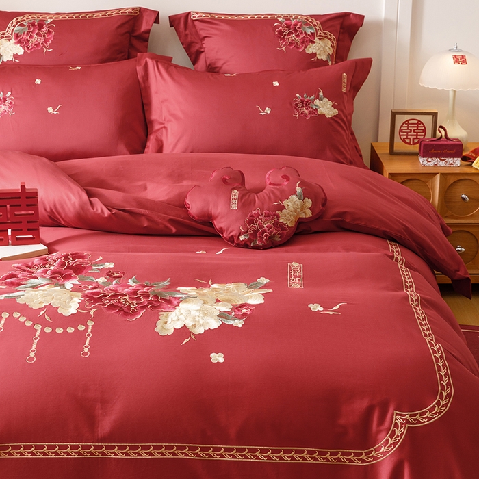 91家纺网 家纺一手货源 找家纺 2025新款婚庆四件套亲肤棉刺绣磨毛婚庆四件套 吉祥如意