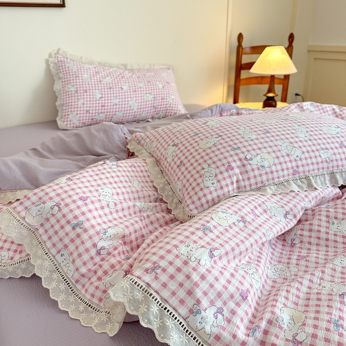 91家纺网 家纺一手货源 找家纺 一霖家纺 2025新款云感双层纱花边款四件套 粉色小猫