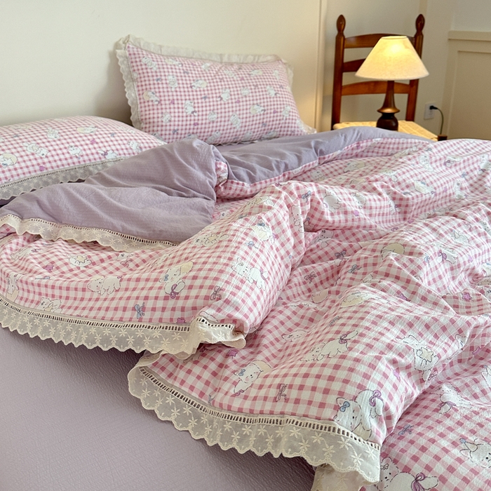 91家纺网 家纺一手货源 找家纺 一霖家纺 2025新款云感双层纱花边款四件套 粉色小猫