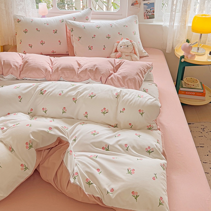 91家纺网 家纺一手货源 找家纺 2025水洗棉双层纱简约风ins风小碎花被套床单款床笠款三四件套-单被套