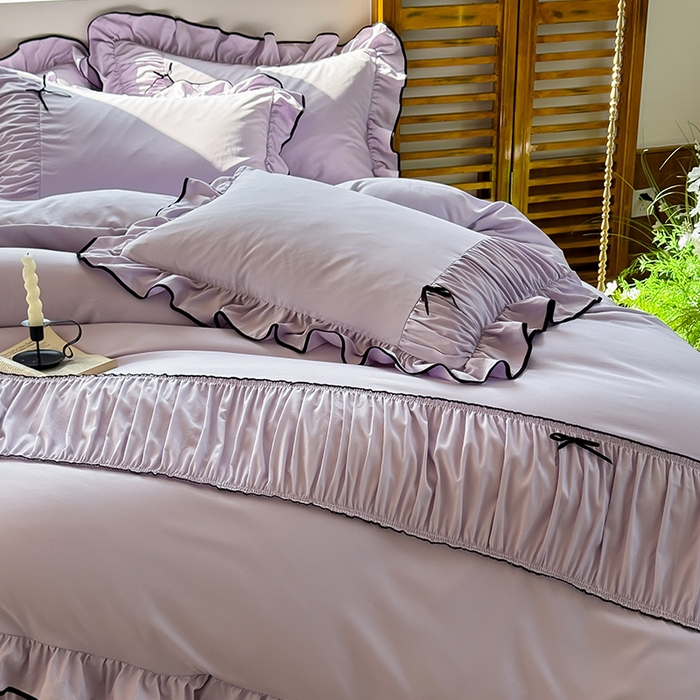 91家纺网 家纺一手货源 找家纺 2025秋冬新款A类母婴级法式风忆棉床裙床笠四件套 琉眠-木槿紫