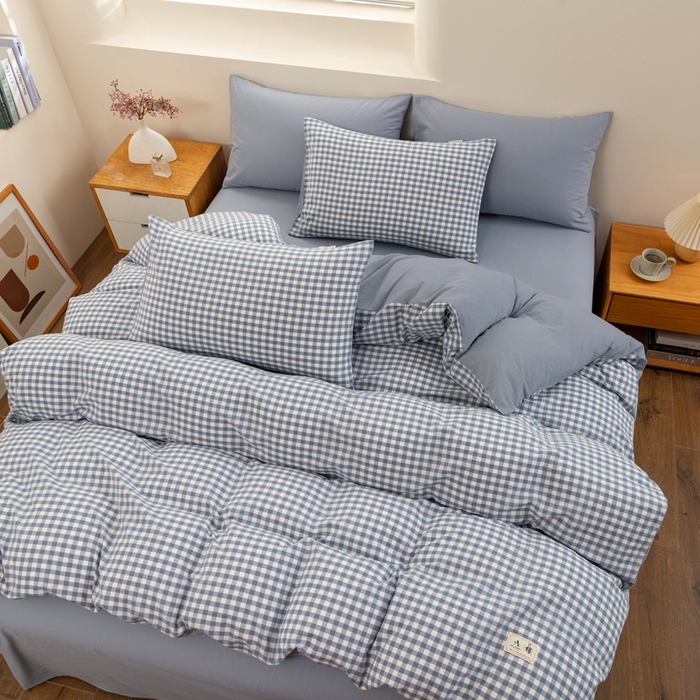 91家纺网 家纺一手货源 找家纺 居美良品 2025新款100%全棉色织水洗棉四件套 蓝小格