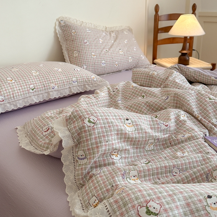 91家纺网 家纺一手货源 找家纺 一霖家纺 2025新款云感双层纱花边款四件套 西高地