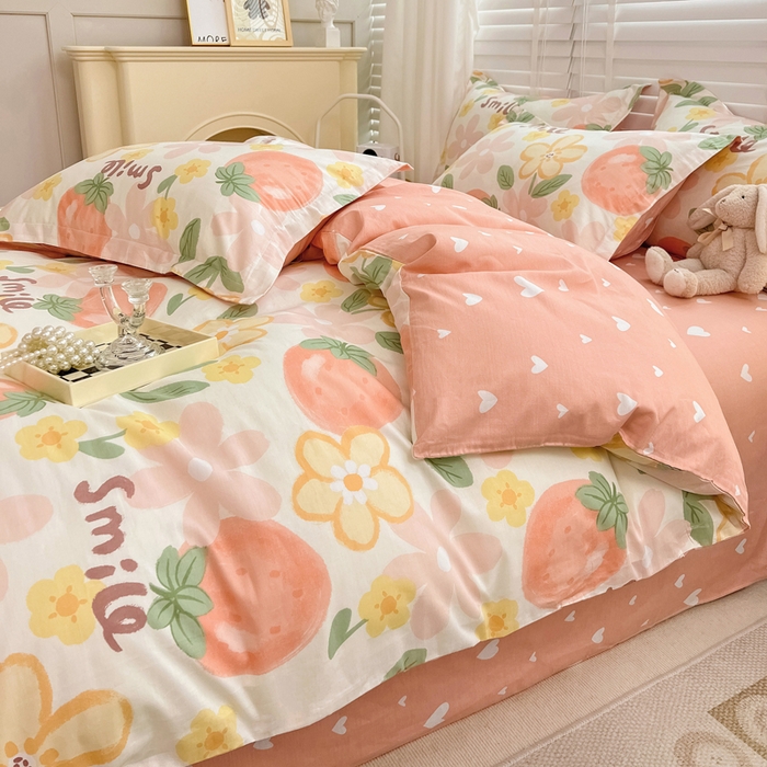 91家纺网 家纺一手货源 找家纺 依庭 2025新款全棉印花花卉款四件套单品系列-四件套 笑脸草莓