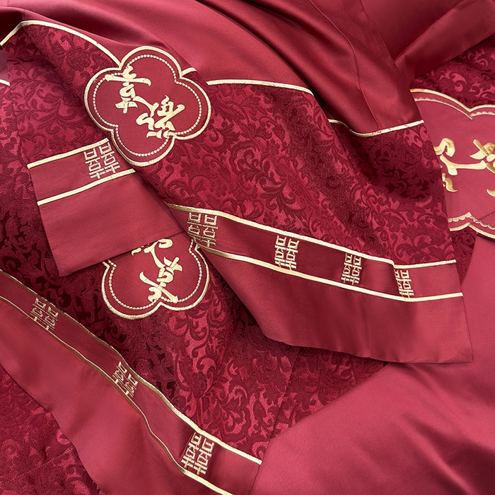 91家纺网 家纺一手货源 找家纺 2025新款婚庆四件套亲肤棉刺绣磨毛婚庆四件套 禧时