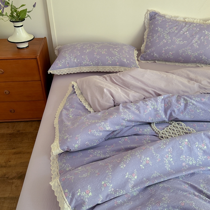 91家纺网 家纺一手货源 找家纺 一霖家纺 2025新款云感双层纱花边款四件套 紫韵