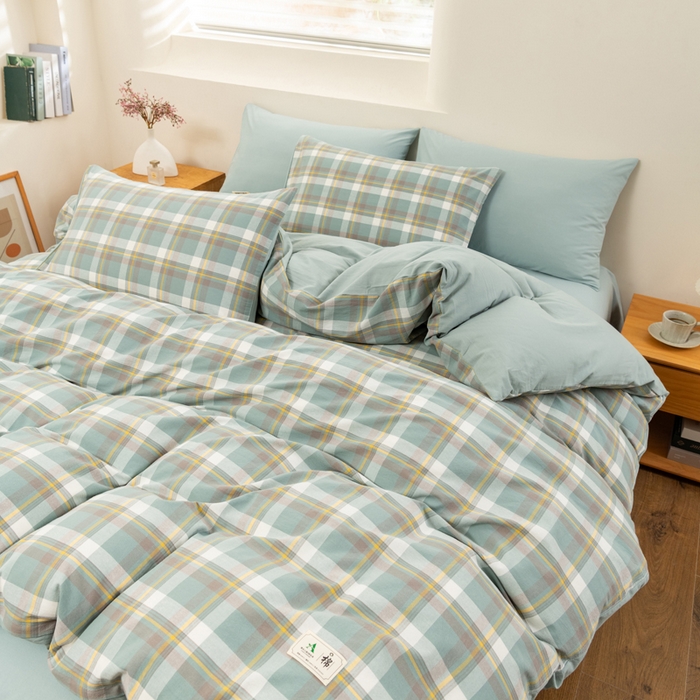 91家纺网 家纺一手货源 找家纺 居美良品 2025新款100%全棉色织水洗棉四件套 静雅-绿