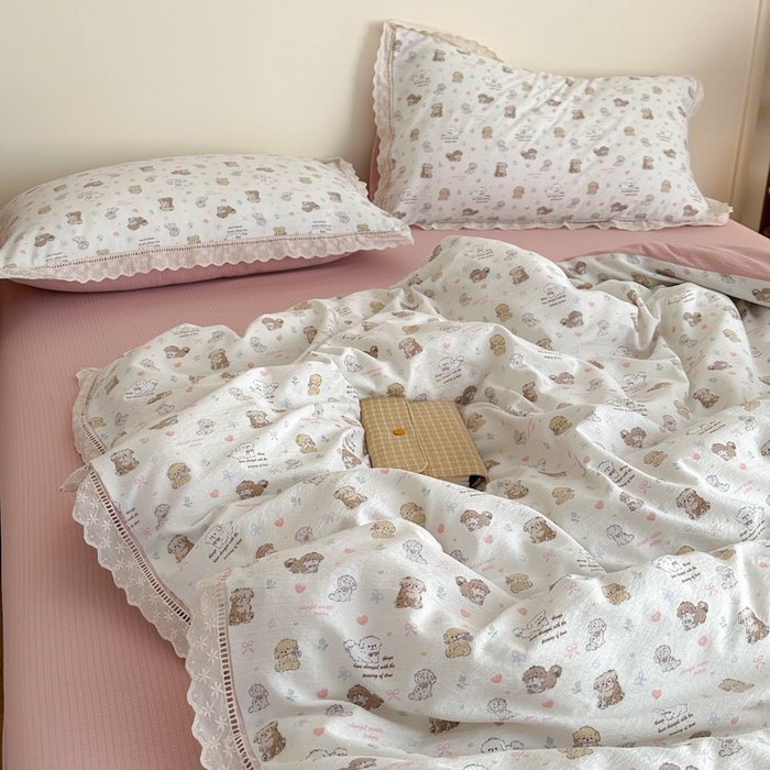 91家纺网 家纺一手货源 找家纺 一霖家纺 2025新款云感双层纱花边款四件套 小奶狗