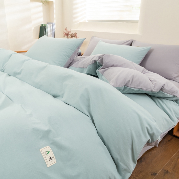 91家纺网 家纺一手货源 找家纺 居美良品 2025新款100%全棉色织水洗棉四件套 兰青-灰