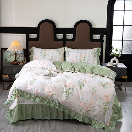 91家纺网 家纺一手货源 找家纺 木兰花2025新款全棉印花法式韩版花边夹棉床盖床裙款四件套 朱莉安-绿