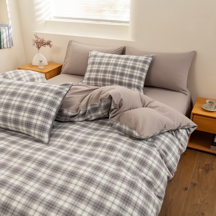 91家纺网 家纺一手货源 找家纺 居美良品 2025新款100%全棉色织水洗棉四件套 烟雨-灰