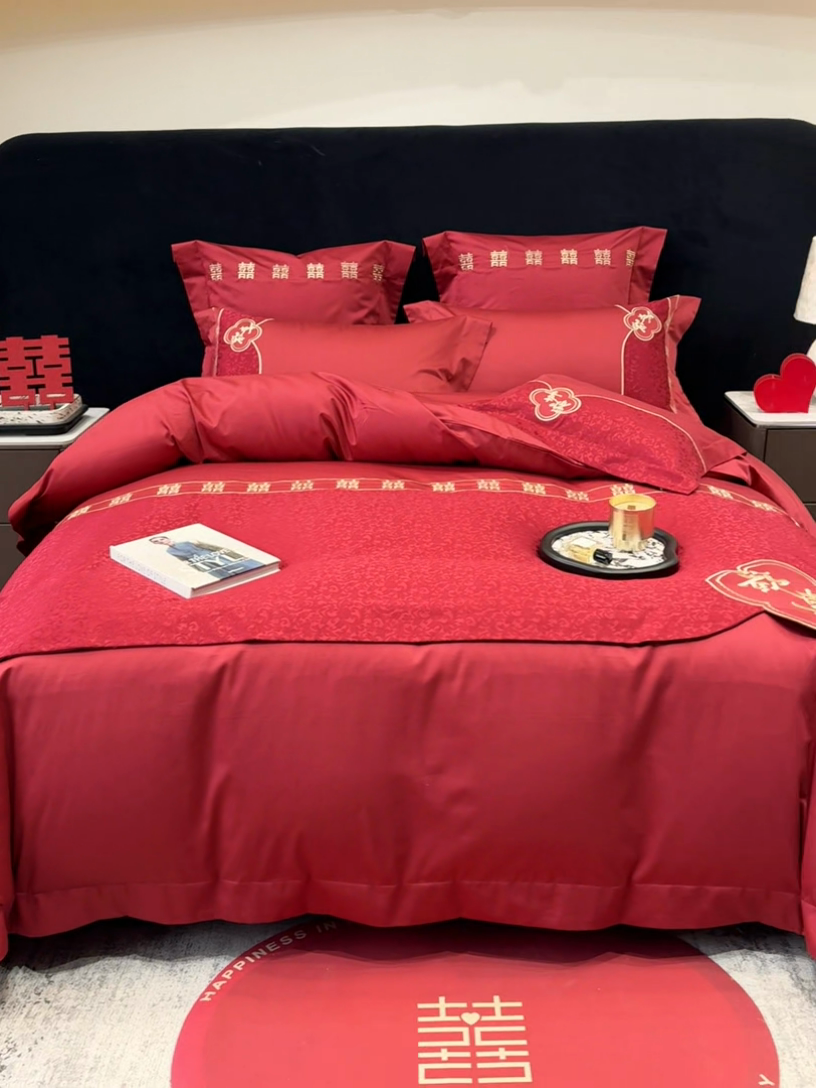 91家纺网 家纺一手货源 找家纺 2025新款婚庆四件套亲肤棉刺绣磨毛婚庆四件套 禧时