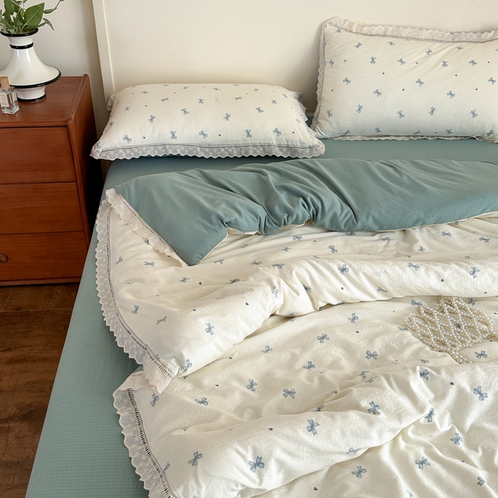 91家纺网 家纺一手货源 找家纺 一霖家纺 2025新款云感双层纱花边款四件套 蝴蝶结