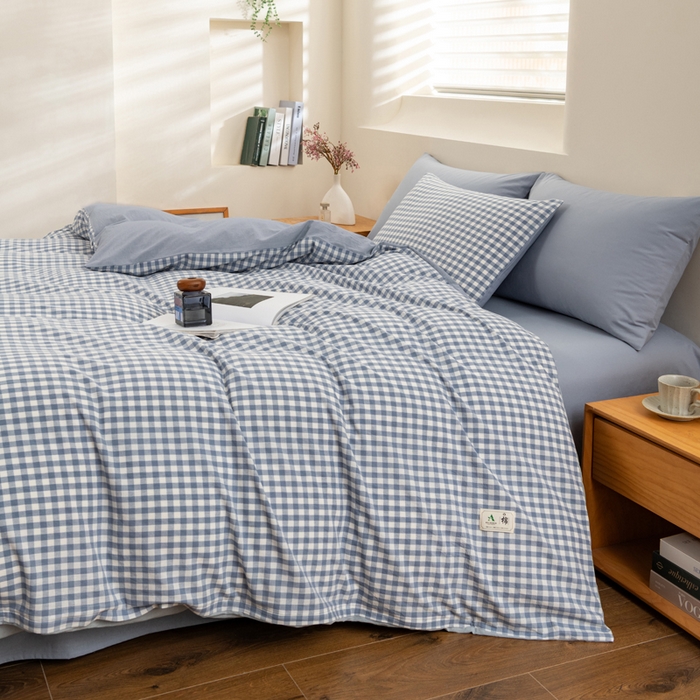 91家纺网 家纺一手货源 找家纺 居美良品 2025新款100%全棉色织水洗棉四件套 蓝小格