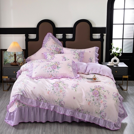 木兰花2025新款全棉印花法式韩版花边夹棉床盖床裙款四件套 艾芳华紫