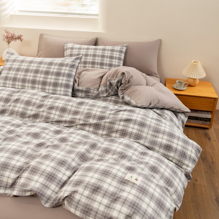 91家纺网 家纺一手货源 找家纺 居美良品 2025新款100%全棉色织水洗棉四件套 烟雨-灰