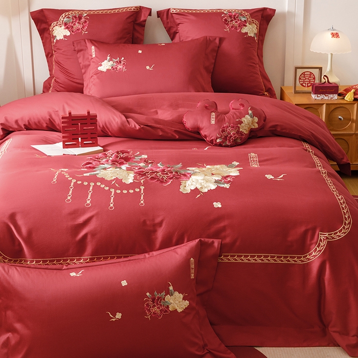 91家纺网 家纺一手货源 找家纺 2025新款婚庆四件套亲肤棉刺绣磨毛婚庆四件套 吉祥如意