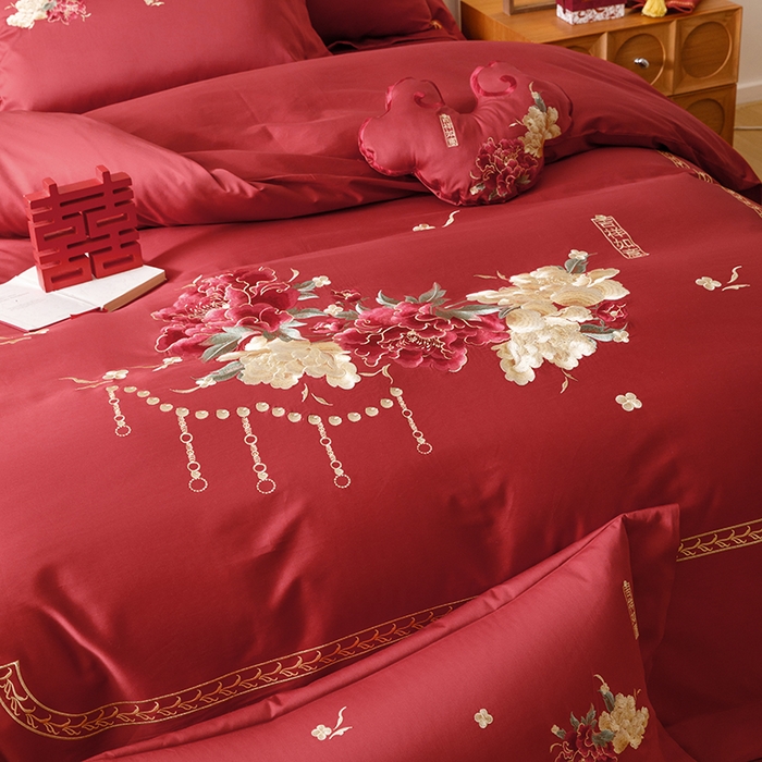 91家纺网 家纺一手货源 找家纺 2025新款婚庆四件套亲肤棉刺绣磨毛婚庆四件套 吉祥如意