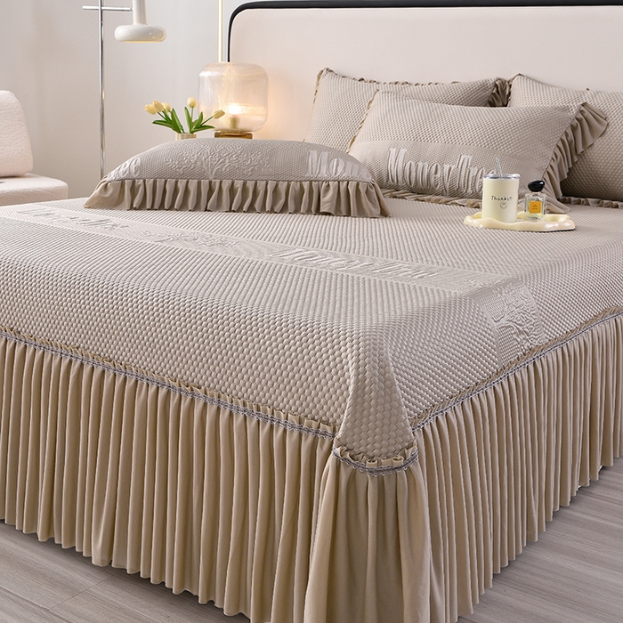 91家纺网 家纺一手货源 找家纺 畅畅家纺 2025新款立体提花凉豆豆席床裙款凉席 金钱树-咖