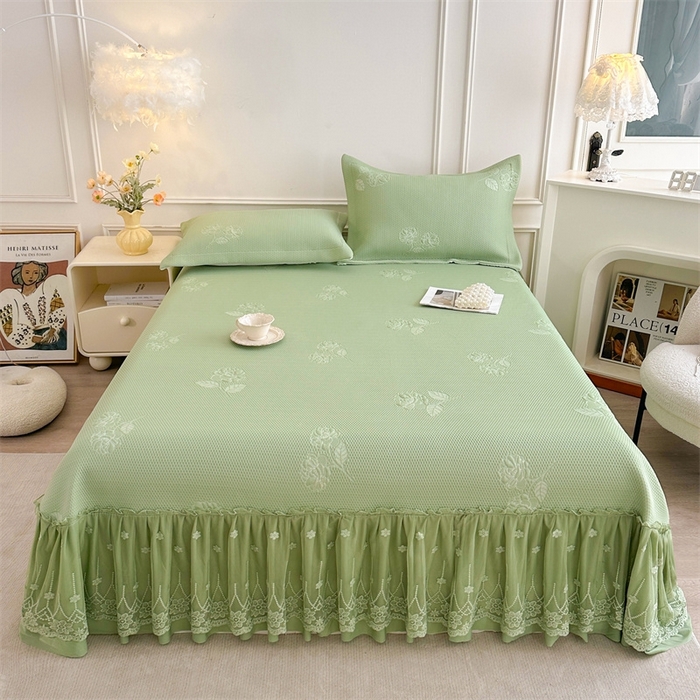 91家纺网 家纺一手货源 找家纺 恒爱   2025新款冰丝牡丹花床盖 抹茶绿