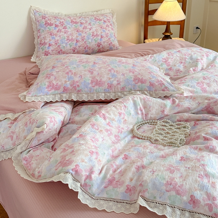 91家纺网 家纺一手货源 找家纺 一霖家纺 2025新款云感双层纱花边款四件套 十里桃花