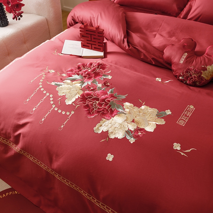 91家纺网 家纺一手货源 找家纺 2025新款婚庆四件套亲肤棉刺绣磨毛婚庆四件套 吉祥如意