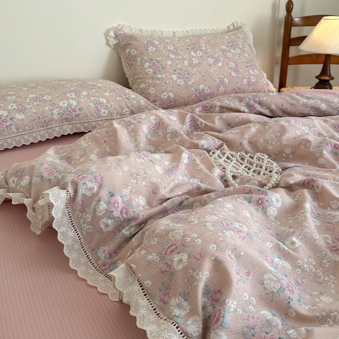 91家纺网 家纺一手货源 找家纺 一霖家纺 2025新款云感双层纱花边款四件套 花儿朵朵