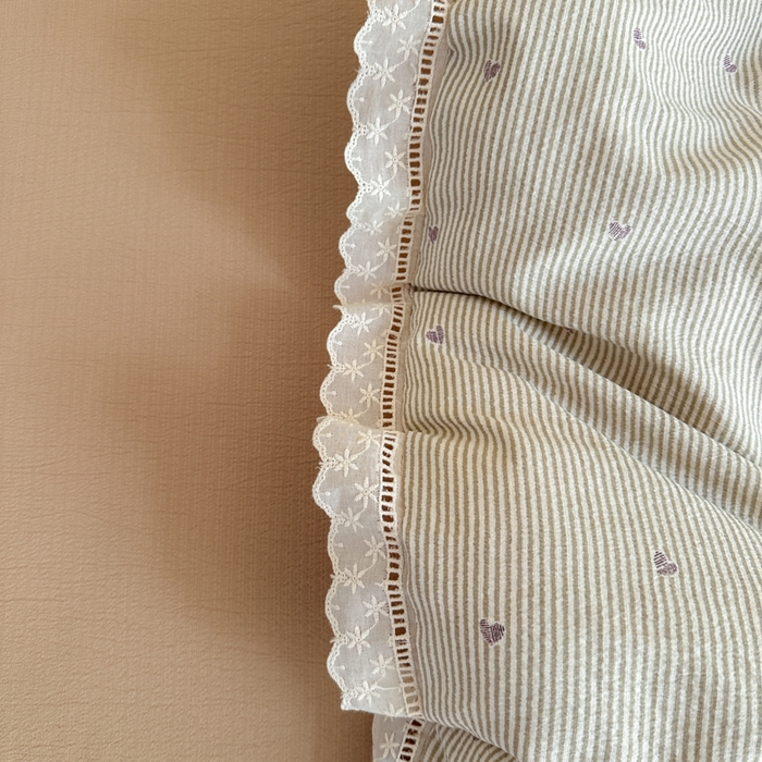 91家纺网 家纺一手货源 找家纺 一霖家纺 2025新款云感双层纱花边款四件套 咖色爱心