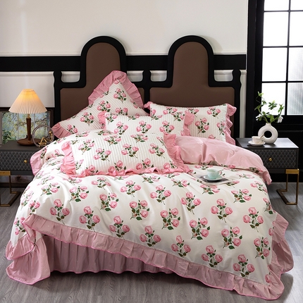 木兰花2025新款全棉印花法式韩版花边夹棉床盖床裙款四件套花开半夏