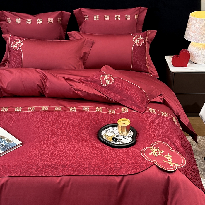 91家纺网 家纺一手货源 找家纺 2025新款婚庆四件套亲肤棉刺绣磨毛婚庆四件套 禧时