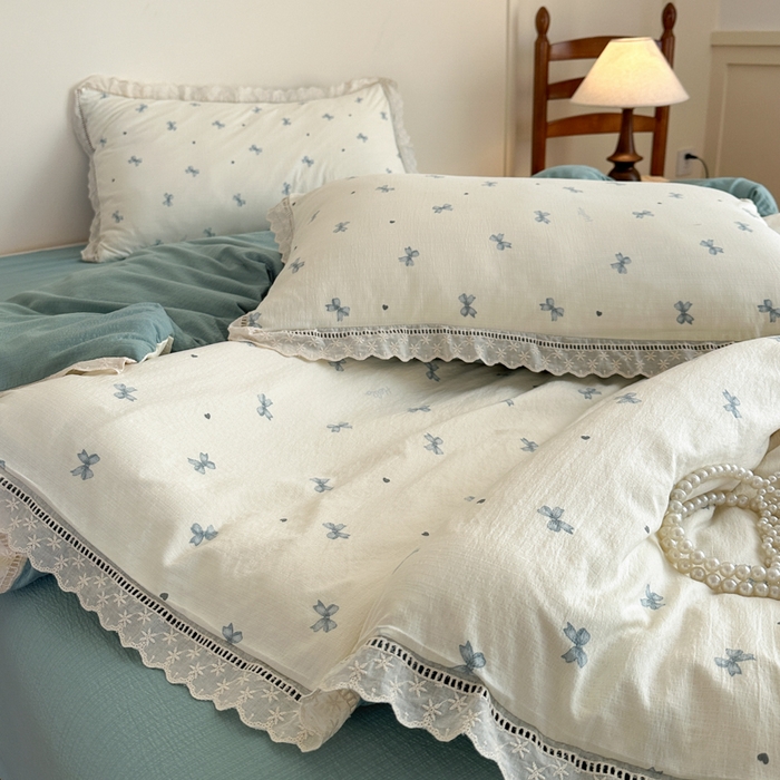 91家纺网 家纺一手货源 找家纺 一霖家纺 2025新款云感双层纱花边款四件套 蝴蝶结