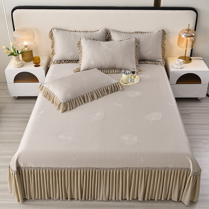 91家纺网 家纺一手货源 找家纺 畅畅家纺 2025新款立体提花凉豆豆席床裙款凉席 爱之恋-咖