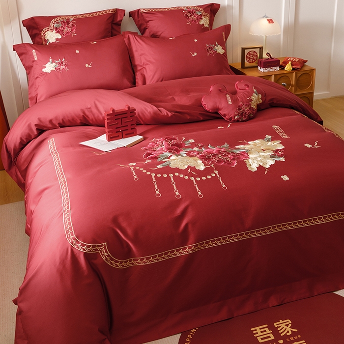 91家纺网 家纺一手货源 找家纺 2025新款婚庆四件套亲肤棉刺绣磨毛婚庆四件套 吉祥如意