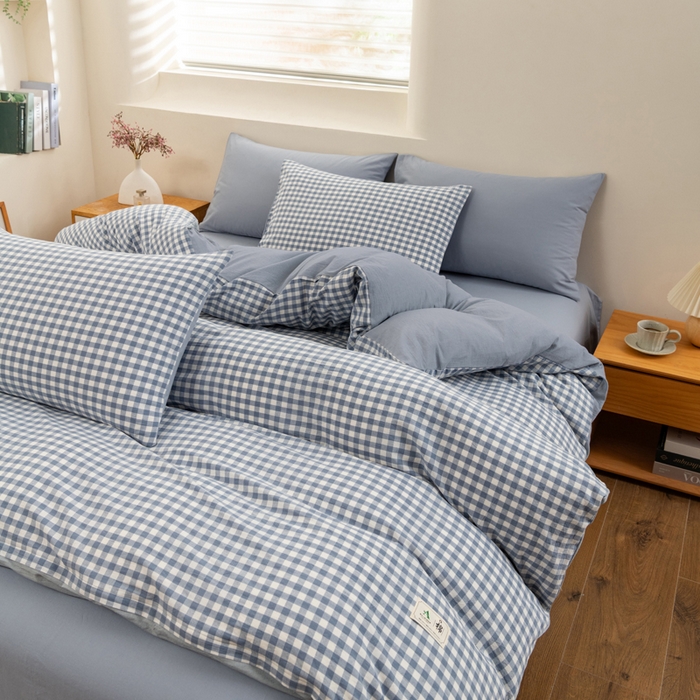 91家纺网 家纺一手货源 找家纺 居美良品 2025新款100%全棉色织水洗棉四件套 蓝小格