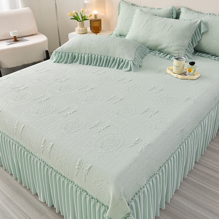 91家纺网 家纺一手货源 找家纺 畅畅家纺 2025新款立体提花凉豆豆席床裙款凉席 花蝶相拥-绿