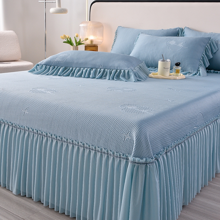 91家纺网 家纺一手货源 找家纺 畅畅家纺 2025新款立体提花凉豆豆席床裙款凉席 爱之恋-蓝