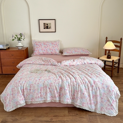 91家纺网 家纺一手货源 找家纺 一霖家纺 2025新款云感双层纱花边款四件套 十里桃花