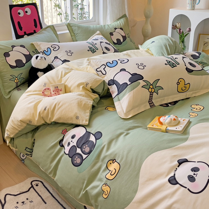 91家纺网 家纺一手货源 找家纺 依庭 2025新款全棉印花花卉款四件套单品系列-四件套 熊猫溪水